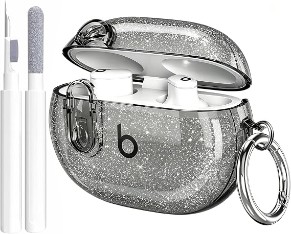 Beats Studio Buds/Studio Buds Plus Case Cover Clear 2021/2023 Men Lock Clip with Cleaner Kit, GARTOO Protective Case for Women Girls Kids Black Glitter