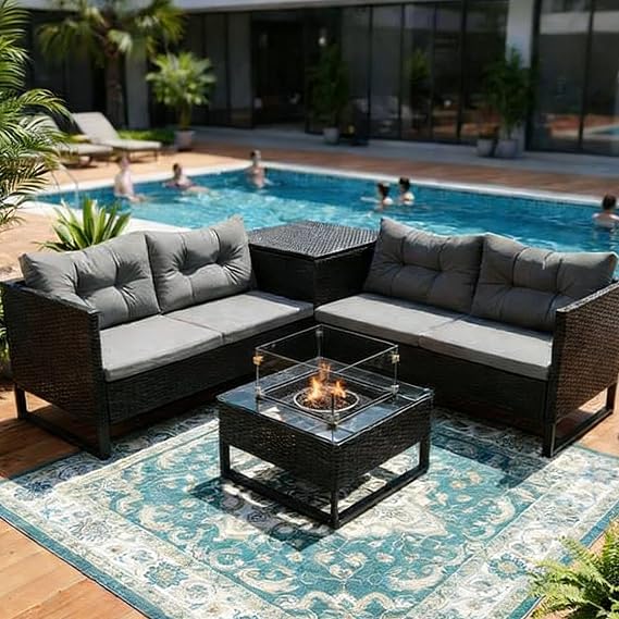 BIRCHTREE Rattan Furniture Set 4-Seater Corner Sofa Set with Fire Pit Table & Side Storage Box, Weather-Resistant Outdoor Patio Garden with Cushions,Black