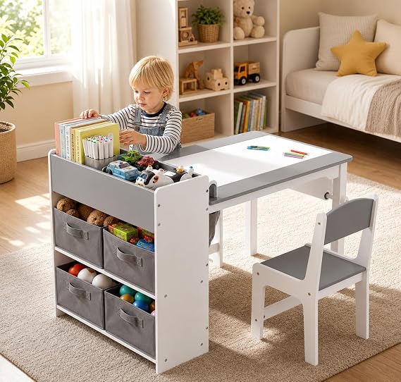 MAMIZO Children's Table with 2 Chairs Painting Table & Craft Table Children Table & Chairs Children's Room Set Play Table with Storage Space for Children from 3 Years (Grey White)