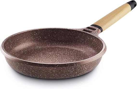 Castey Y28 Terracotta Full Induction Fry Pan with Wooden Handle, 28 cm, Cast Aluminium, Brown/Beige