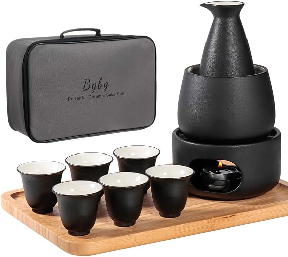 Bgbg Ceramic Sake Set with Warmer Pot Bamboo Tray-Traditional Japanese Pottery Hot Saki Set 11-Piece including 1 Sake Pot,6 Sake Cups,1 Warming Mug,1 Candle Stove, 1 Candle Tea Light Holder and 1 Tray