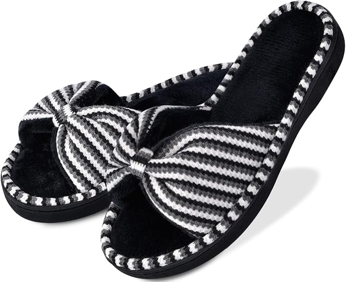 DL Women's Memory Foam Open Toe Slide Slippers with Cute Bow and Cozy Terry Lining, Slip-on House Shoes Spa Mules Sandals with Indoor Outdoor Rubber Sole, Black, 11-12