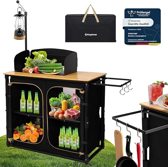 KingCamp Campingküche faltbar mit Spüle Campingschrank BambusOutdoor Küche Klappbar mit Stauraum Windschutz&LampenhalterStabiler AluminiumrahmenReisekücheCamping Möbel für BBQ Picknicks