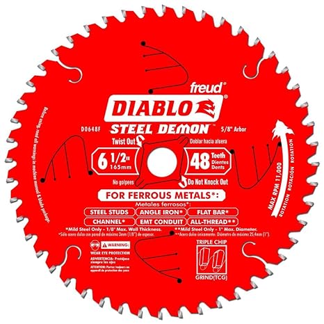 Diablo Steel Demon Cermet II Saw Blade for Metals and Stainless Steel - 6-12 Diameter, 48 TCG Teeth, 58 Arbor, .061 Kerf, 0 Hook Angle, 5800 Max RPM - D0648CFX