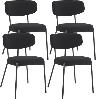 KCC Boucle Dining Chairs Set of 4, Modern Mid-Century Upholstered Stylish Kitchen Chairs Sherpa Accent Diner Chairs with Metal Legs and Curved Back for Kitchen, Dining RoomBlack