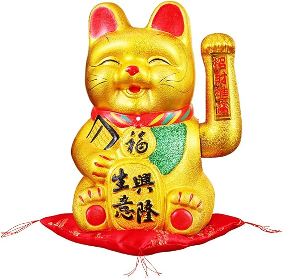thefancypumpkin 11" Waving Lucky Fortune Cat Maneki Neko Japanese Porcelain Lucky Cat #25CM