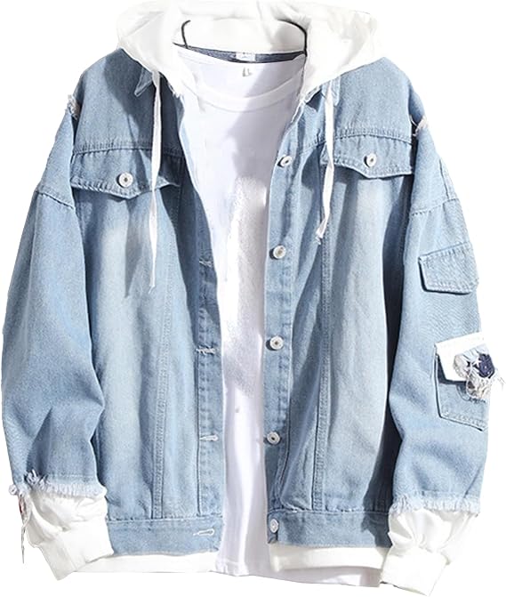 Hoodie Jean Jacket for Men Long Sleeve Slim Fit Casual Denim Jacket Distressed Trucker Outwear with Hood