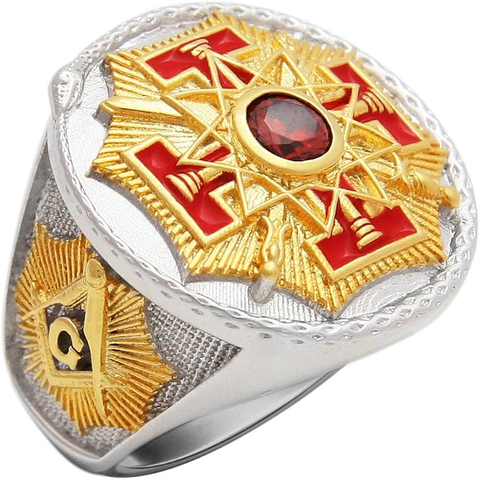Masonic Templar Ring Brass with Gold Plated Finish, Shield & Sword, White Version, BR-10