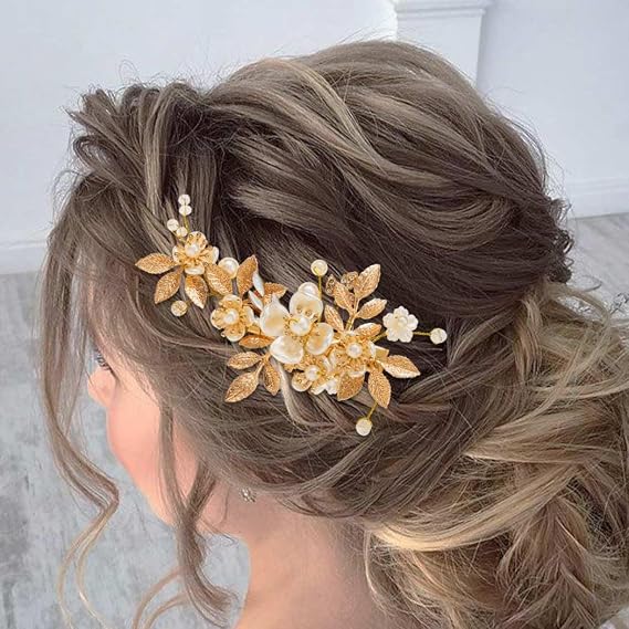 Asooll Gold Bridal Hair Accessories Flower Hair Clip Wedding Hair Piece for Women