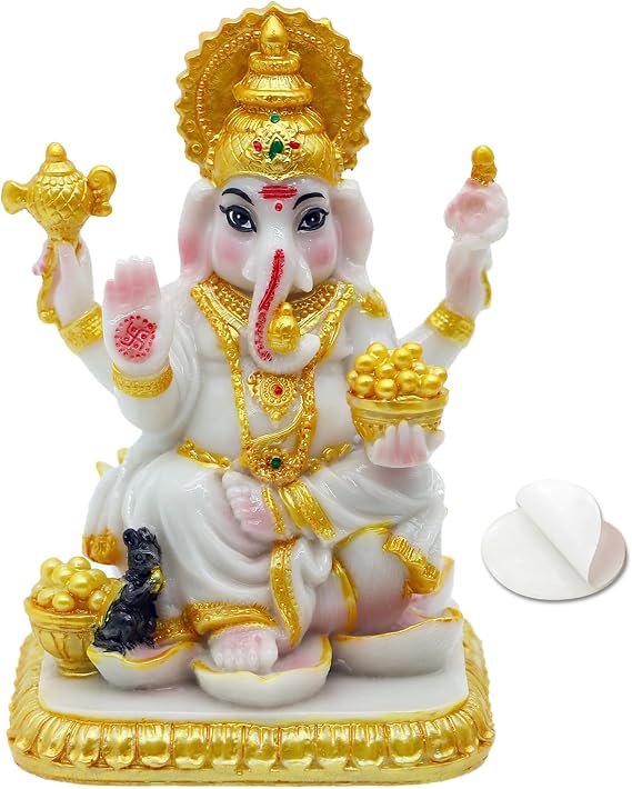 alikiki Indian Idol Lord Ganesh Statue - 4.1H Marble Color Hindu God Ganesha for Car Decor Ganpati Sculpture India Temple Mandir Home Office Altar Pooja Item Wedding Diwali Puja Return Gifts