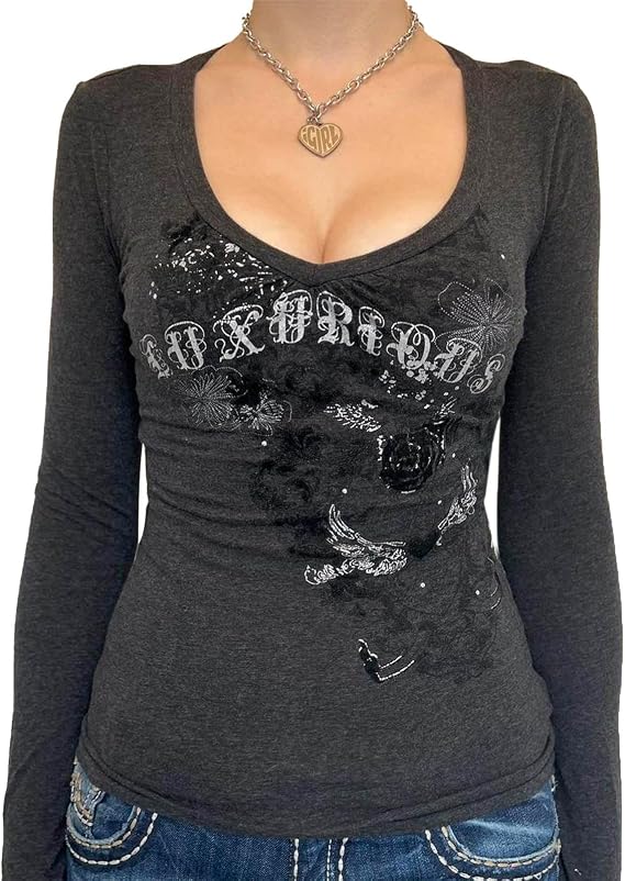 Women Vintage Y2K Long Sleeve Shirt Skull Fairy Grunge Gothic Graphic Printed Tee Tops Aesthetic Harajuku Top