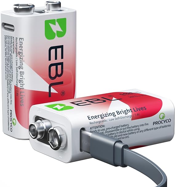 EBL Rechargeable 9V Lithium Battery 5400mWh, USB-C 2H Fast Charge (2 Pack) | Mercury-Free, 40% Lighter - recharge in 2 hours via USB-C, reuse 1600+ times for smoke detectors, microphones and toys