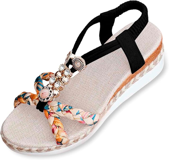 Ladies Weave Round Toe Elastic Band Summer Slope Heel Thick Soled Wedges Sandals Womens Shoes Sandals