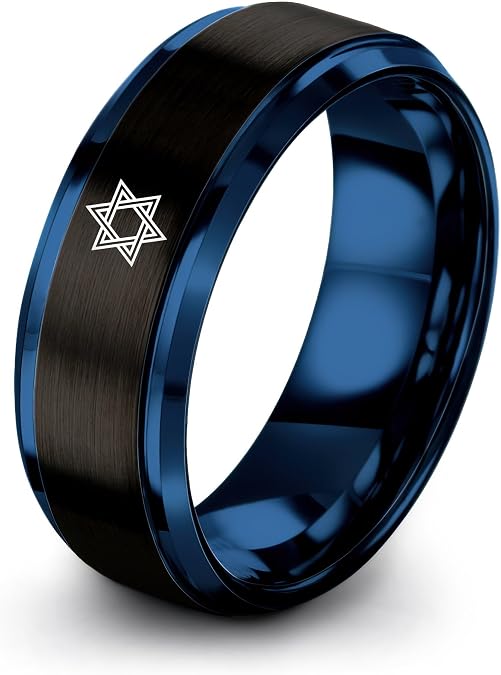 Torah star Of David Ring - Gift for Jewish Faith Fan - 8mm - Personalized Custom Engraving - Yellow Gold Black Silver Blue - Tungsten - Men Women - Band - Brushed Polished - Anniversary Wedding - Flat