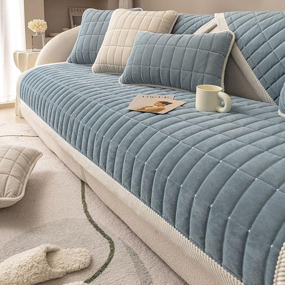vctops Velvet Plush Plaid Quilted Sofa Cover Super Soft Non Slip Sectional Couch Cover Farmhouse Fluffy Fuzzy Sofa Slipcover Furniture Protector for Dogs Cats Pet (Blue,28"x28")