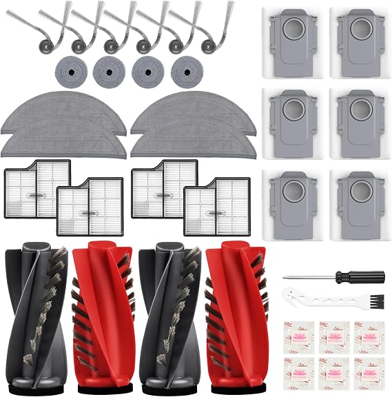 36 Stück Zubehör für Roborock Saros 10 Saugroboter Ersatzteil Set 4 Hauptbürsten 4 Filter 4 Halbmond Wischpads 4 Runde Wischpads 6 Seitenbürsten 6 Staubbeutel 1 Reinigungsbürste