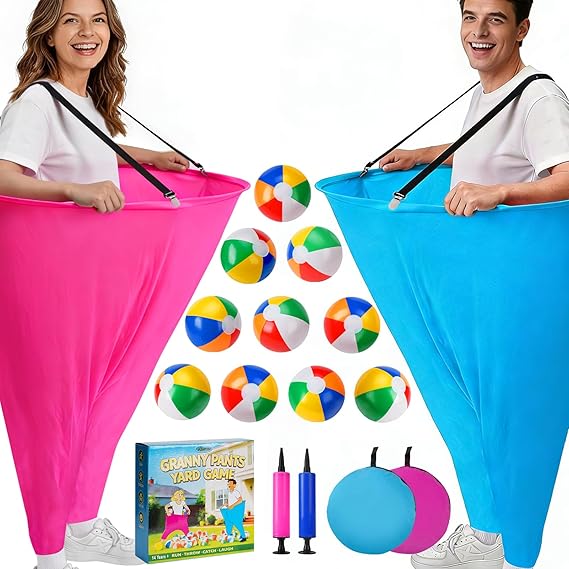 19PCS Granny Pants Yard Game, Funny Toss Outdoor Games for Adults, Teens | 2 Giant Pants (40*31.5 in), 10 Inflatable Balls & 2 Air Pumps, Hilarious Granny Pants Game for Family Party Reunion Camping