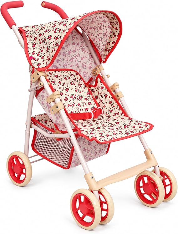 Baby Doll Stroller for Toddler Girls & Big Kids up to 8 Years Old | 28 Baby Stroller for Dolls, Toy Baby Stroller with Cute Coral Floral Print, Mesh Storage Basket, Canopy, Handle Grips, Rubber Tires