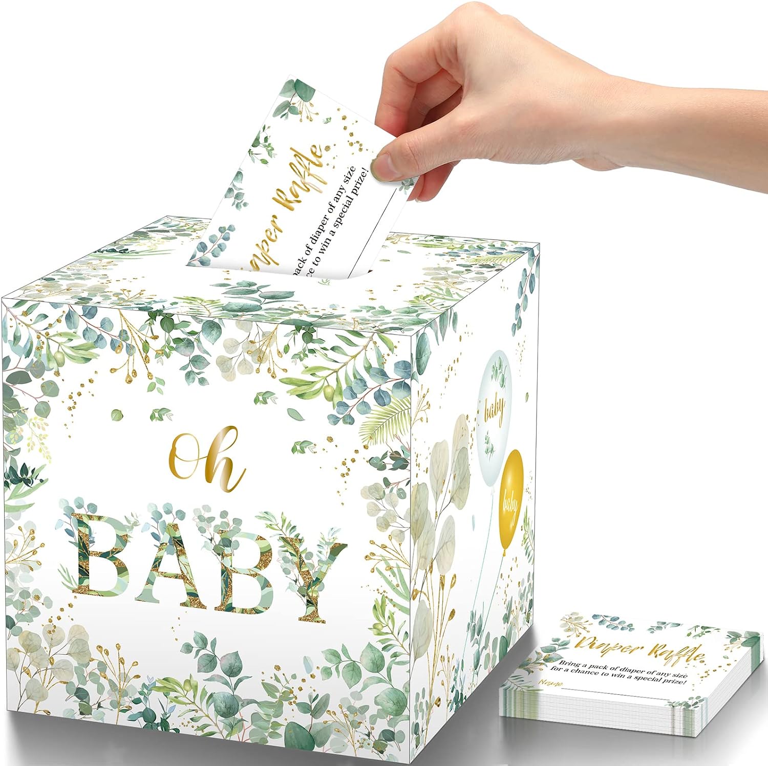 50 Pieces Greenery Diaper Raffle Tickets with Baby Shower Holder Box Baby Party Decorations Favors Sign Box Insert Ticket Diaper Raffle Game Kit