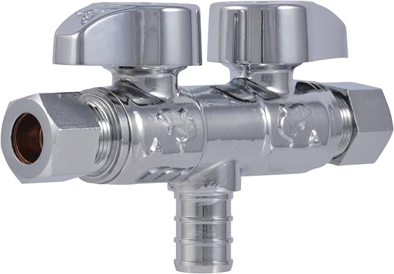 SharkBite 1/2 x 3/8 x 3/8 Inch Brass Crimp Angle Stop Valve, Dual Shut Off, Quarter Turn, PEX Pipe, PE-RT, UCDS123838Z