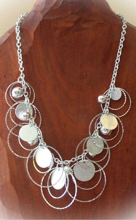 Women's Silver Tone Bangle Statement Chunky Pendant Rhinestone Necklace for Women With Bead Classy Cool