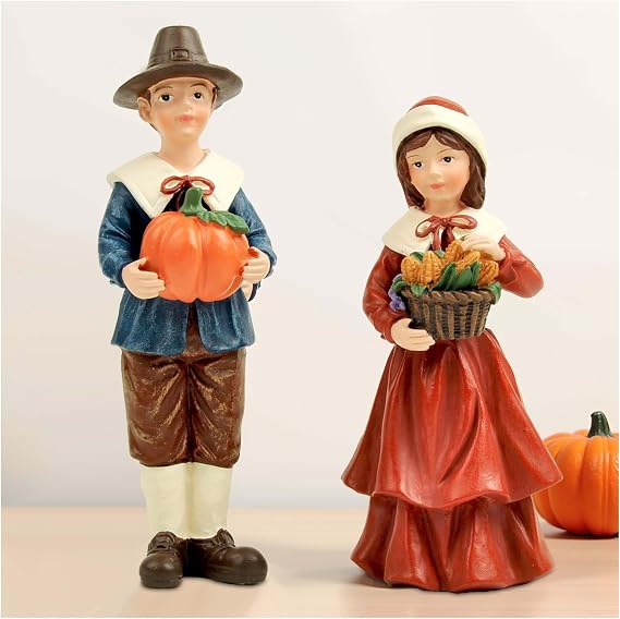 Thanksgiving Pilgrim Figurines Set of 2, Fall Decorations with Boy Holding Pumpkin and Girl Holding Corn, Harvest Table Decor for Indoor Autumn Centerpieces and Thanksgiving Displays