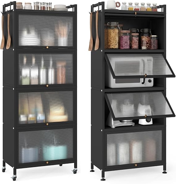 GIANTEX 5-Tier Kitchen Storage Cabinet, 4 PC Doors, Rolling Wheels, Black