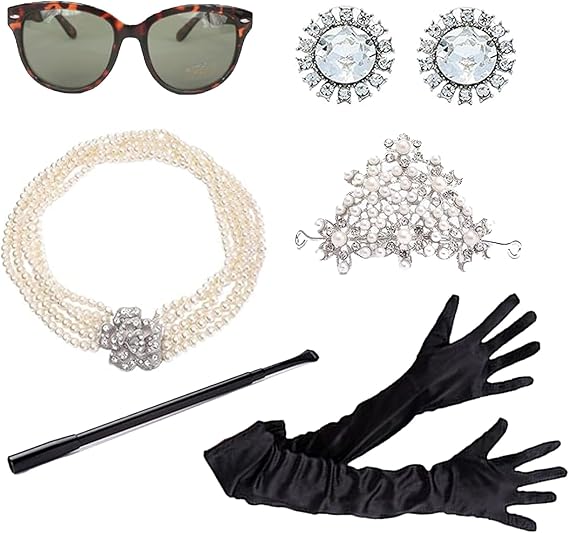 Audrey Hepburn Costume Set of 6 Pieces For Audrey Inspired Party Accessories | Holly Golightly Jewelry Set Great for Halloween Costume, Birthday Parties, and Gift for Her