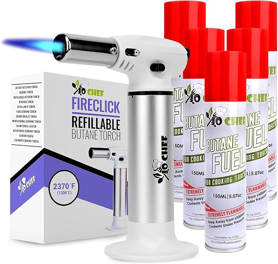Jo Chef FireClick Creme Brulee Torch 2,370F Food Torch with Safety Switch, One-Hand Use, Refillable Adjustable Flame Lighter with Safety Lock for BBQ, Baking, Brulee Creme 5 Butane Cans Included