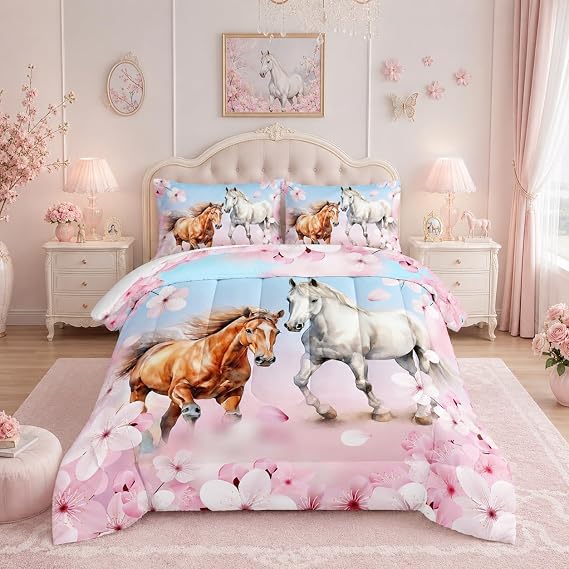 HOSIMA Galloping Brown White Horse Twin Comforter Set with 2 Pillowcases.