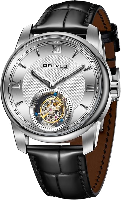 OBLVLO Top Brand Mens Tourbillon Self-Winding Automatic Watches Leather Transparent Caseback Waterproof Watch for Men SK-Tour