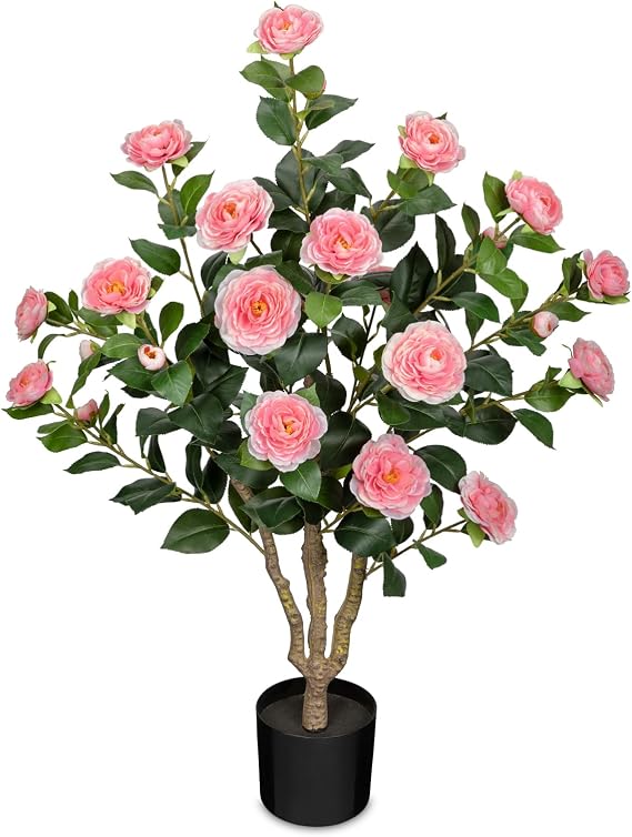 Artificial Blossom Tree 90cm Pink Fake Camellia Tree in Black Pot Large Indoor Plant Tall Fake Plant Realistic Decorative Artificial Trees for Home Office Front Porch