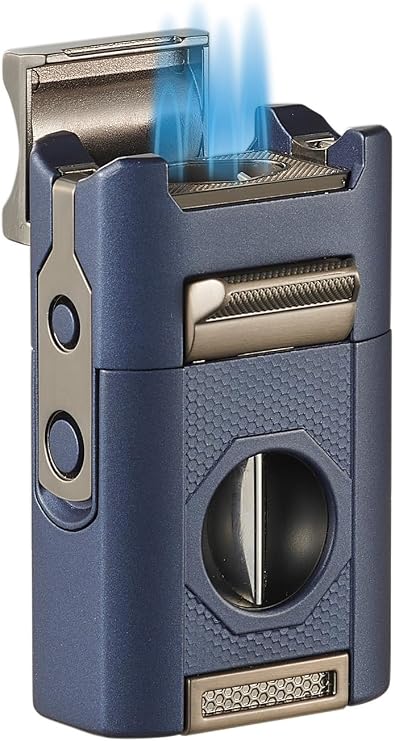 Visol Joplin Quad Torch Multi-Tool Table Lighter, Built in Guillotine and Wedge Cutters, Butane Refillable Adjustable Flame Lighter (Shipped Without Butane) (Blue)