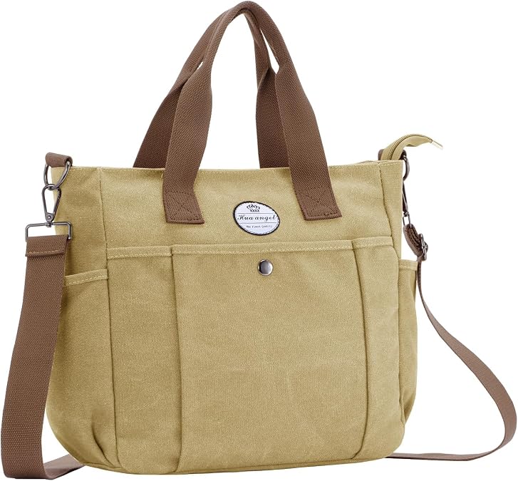 HUA ANGEL Canvas Everyday Tote Bags for Women Medium Crossbody Purses Handbags with Multiple Pockets for Work Travel Beach