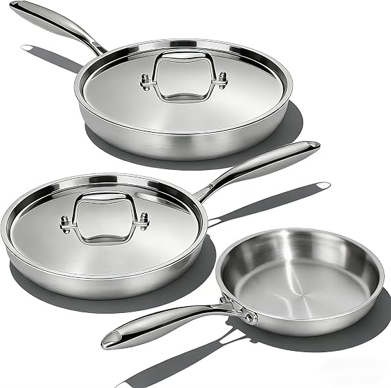 Umite Chef Stainless Steel Frying Pan Set with Lid, 3Pcs Skillet Set (Includes 8",10",12") - 5 Ply Stainless Clad - Heavy Duty & Professional Cookware Set, Fast & Even Heat, Dishwasher and Oven Safe