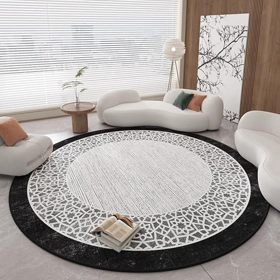 Black Grey White Modern Geometric Stylish Round Area Rug for Livingroom Bedroom Washable Foldable Soft Comfort Aesthetic Circle Carpet Under Dining Coffee Table Office Kitchen Indoor Deco Rug 7ft