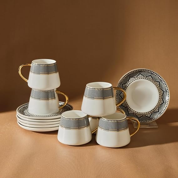 Karaca Globe Turkish Coffee Cups Mocha Cups Set for 6 People 12 Pieces 6 x Espresso Cups and 6 x Saucers Mocha Cups Espresso Cups Set Made of Porcelain Coffee Cups with Saucers Espresso Set