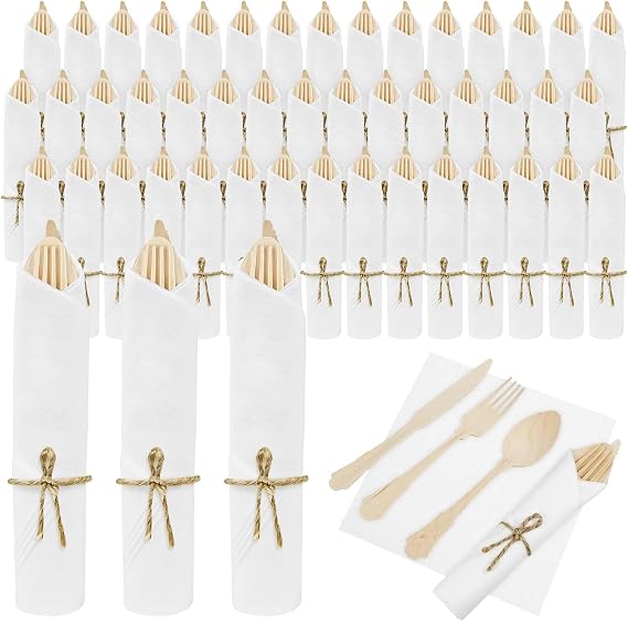 100Pack Pre Wrapped Disposable Wooden Cutlery with Napkins for Wedding