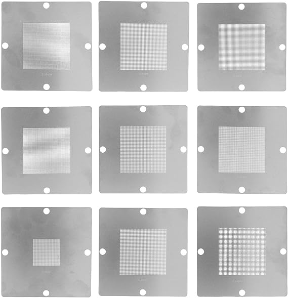 9Pcs BGA Reballing Stencils 90x90mm, High Precision Stainless Steel Templates for Laptop CPU Repair, Multiple Size Universal Kits for Various Applications