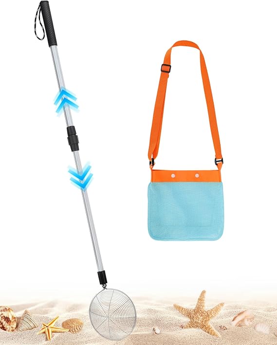1 Pack 21.6"~33" Adjustable Sand Sifter with Seashell Bags for Adults Kids