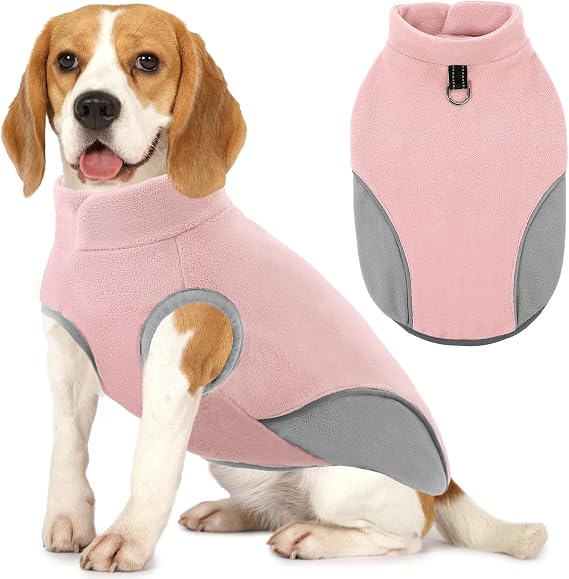 AOFITEE Fleece Dog Sweater for Large Sized Dogs, Vest With D-Ring for Leash, Warm Pullover Sweatshirt for Girls Boys, Fall Winter, Pink L
