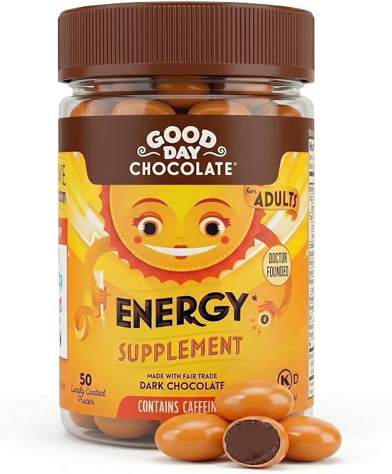 Good Day Chocolate Energy Supplements for Adults [50 Count] Fair Trade Caffeine Chocolate with B-Vitamins, Green Tea Extracts and 20 mg Caffeine Per Piece - Energy Booster for Women and Men