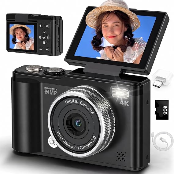 Digital Camera 4K 64MP Compact Camera with Micro SD Card