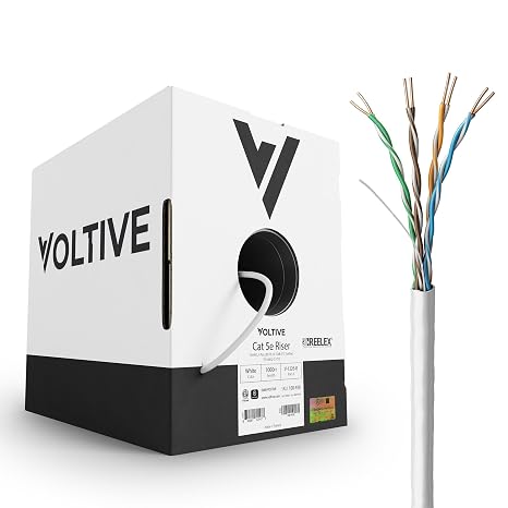 Voltive Cat5e Ethernet Cable, Riser (CMR), White, 1000ft - 24AWG 4 Pair Solid Bare Copper, UTP, 350MHz, UL Certified & ETL Verified - V-1226-8