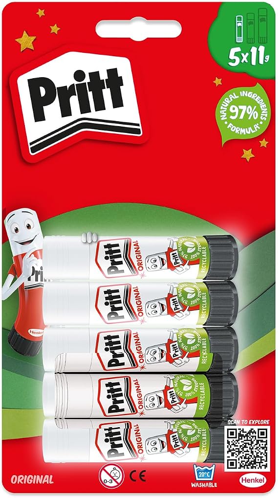 Pritt Glue Stick, Safe & Child-Friendly Craft Glue for Arts & Crafts Activities, Strong-Hold Adhesive for School & Office Supplies, 5x11g Pritt Stick