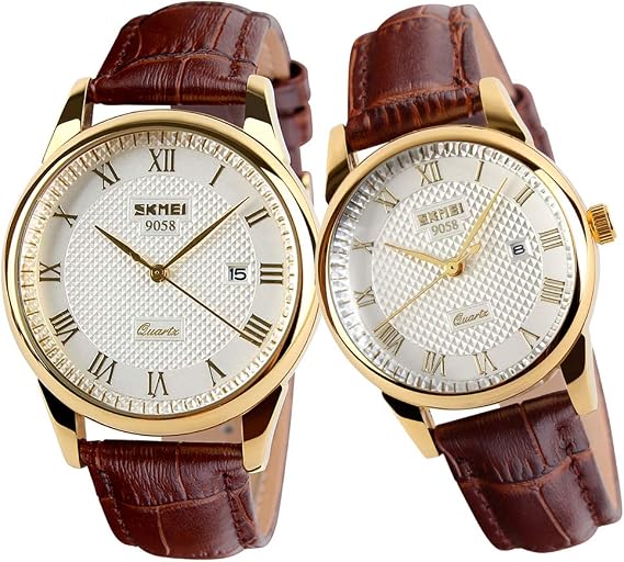 SKMEI Pair Wristwatch, Couple, Popular, Men's, Women's, Set, Classic Brown, Leather Strap, Waterproof, Luxurious, Wedding, Anniversary, Gift, Mother's Day, Father's Day, Present, Brand, Pair Couple Watch