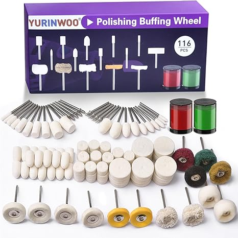 114Pcs Polishing Buffing Wheel with 2 Polishing Compound Compatible with Dremel, Rotary Tool Accessories, Wool Felt Polishing Kit with 1/8"(3mm) Shank for Metal Polishing Jade Glass Grinding