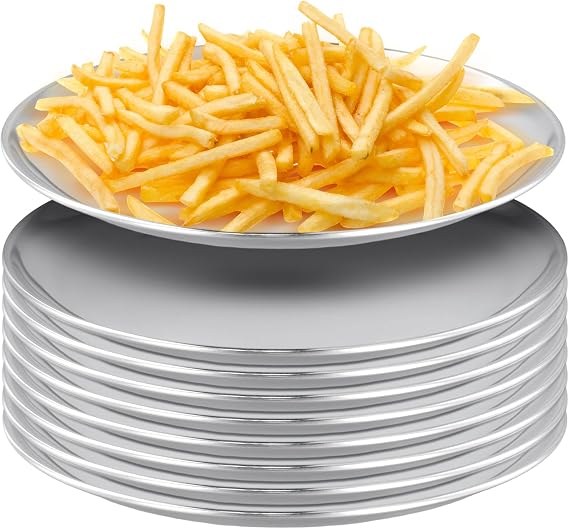 PINGEUI 8 Pack 12 inch Stainless Steel Plates, Round Metal Dinner Plates, Kitchenware Sliver metal plates, Dishes Dinner Serving Tray Plates for BBQ, Snack, Food Serving, Party