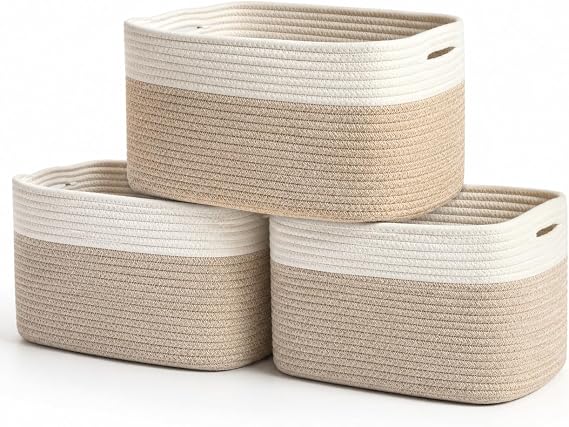 OrganiHaus Aufbewahrungskorb Rechteckig Geflochten Körbe Aufbewahrung Wohnzimmer Kinderzimmer Badezimmer Deko Korb Faltbar mit Griffen für Decken & Spielzeug – Honig & Cremeweiß 37x25x225 cm