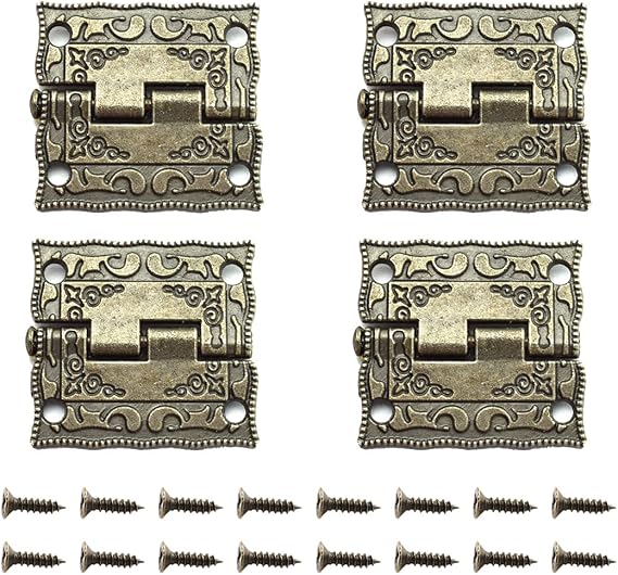 Antique Bronze Decorative Hinges Pattern Carved Design Butt Folding Hinge with Screws for Wooden Box, Gift Case, Cabinet, Jewelry Box etc. 4pcs, 26 x 23 mm (L x W)